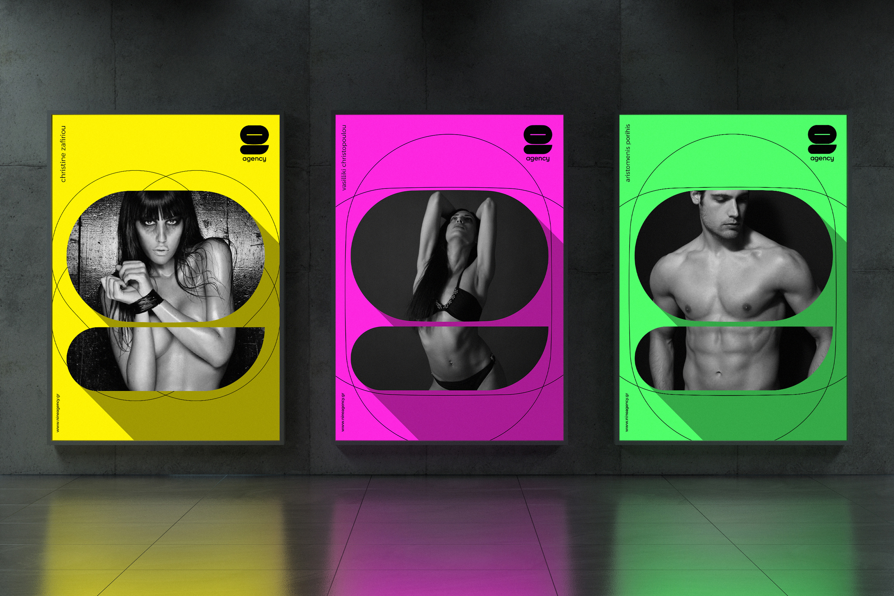 A series of colourful Nine Agency ads, framed.