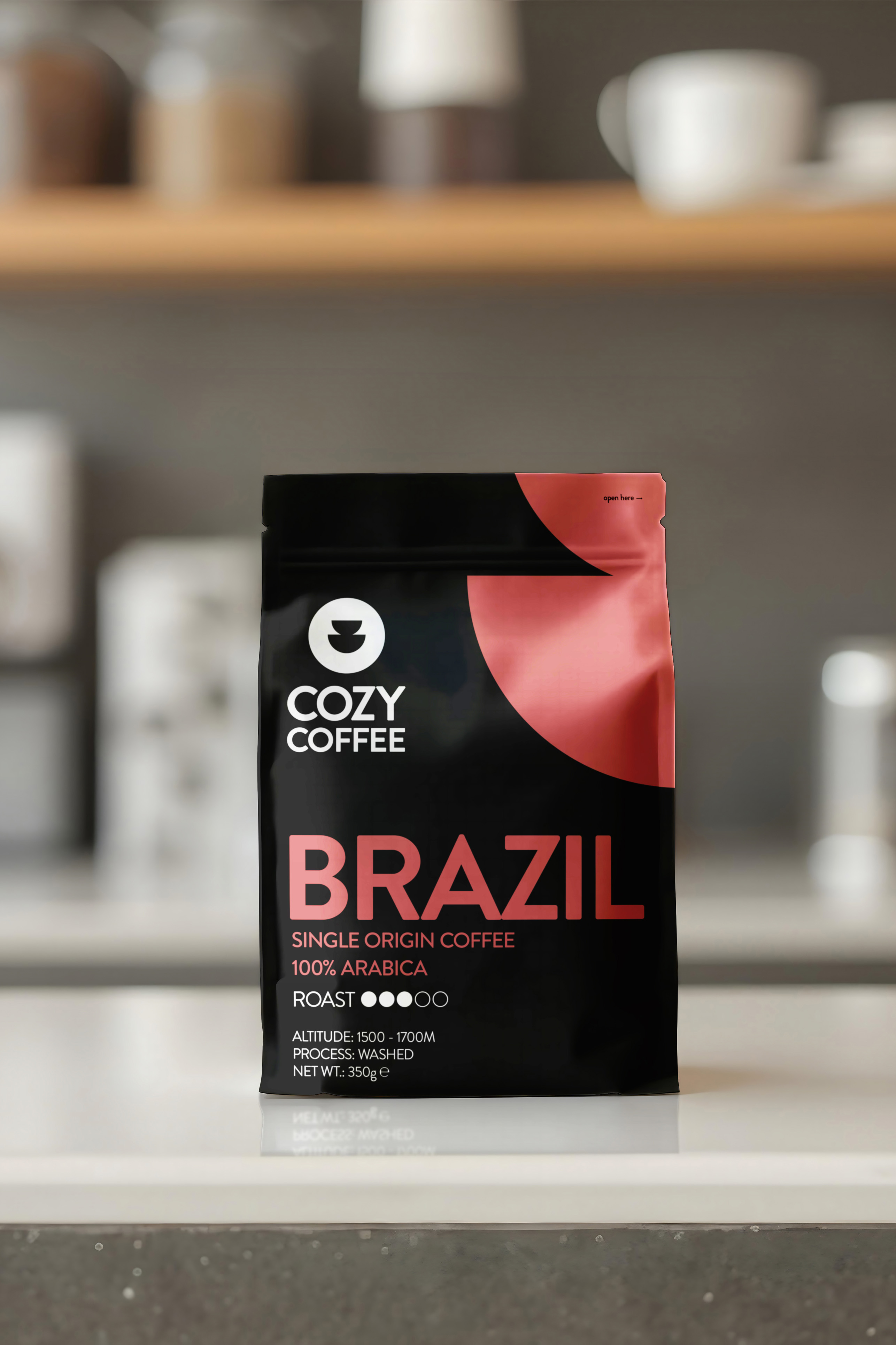Cozy Coffee Brazil blend variety 350g. bag design.
