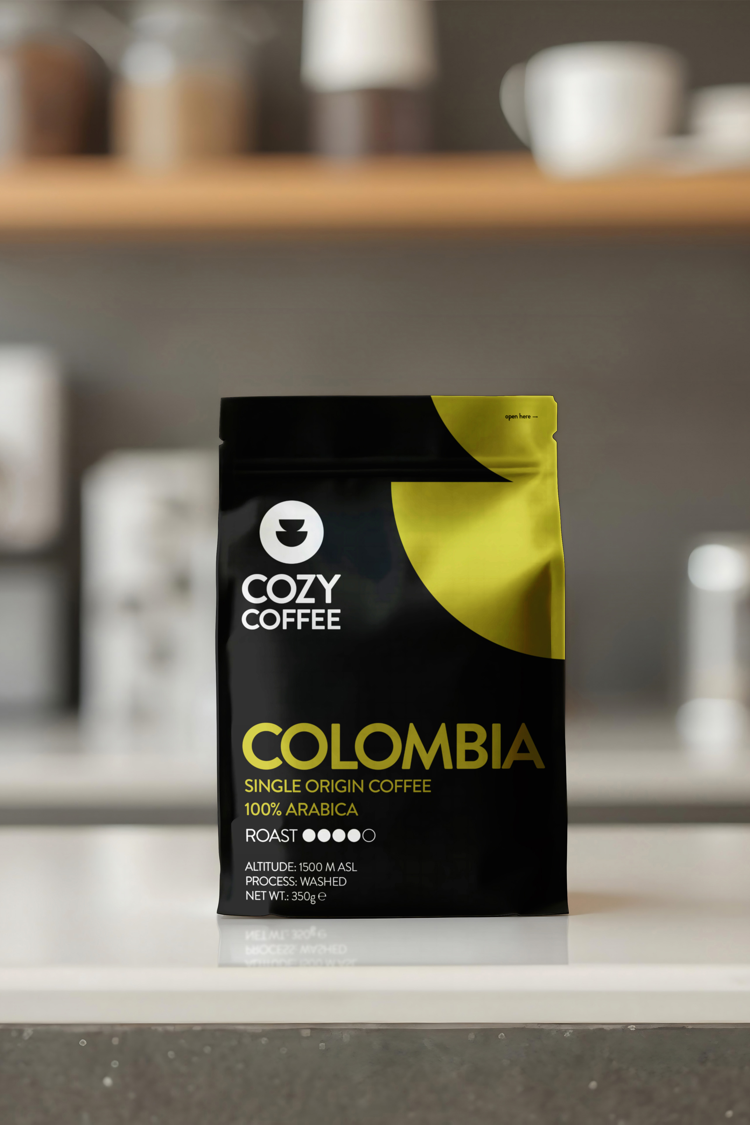 Cozy Coffee Colombia blend variety 350g. bag design.