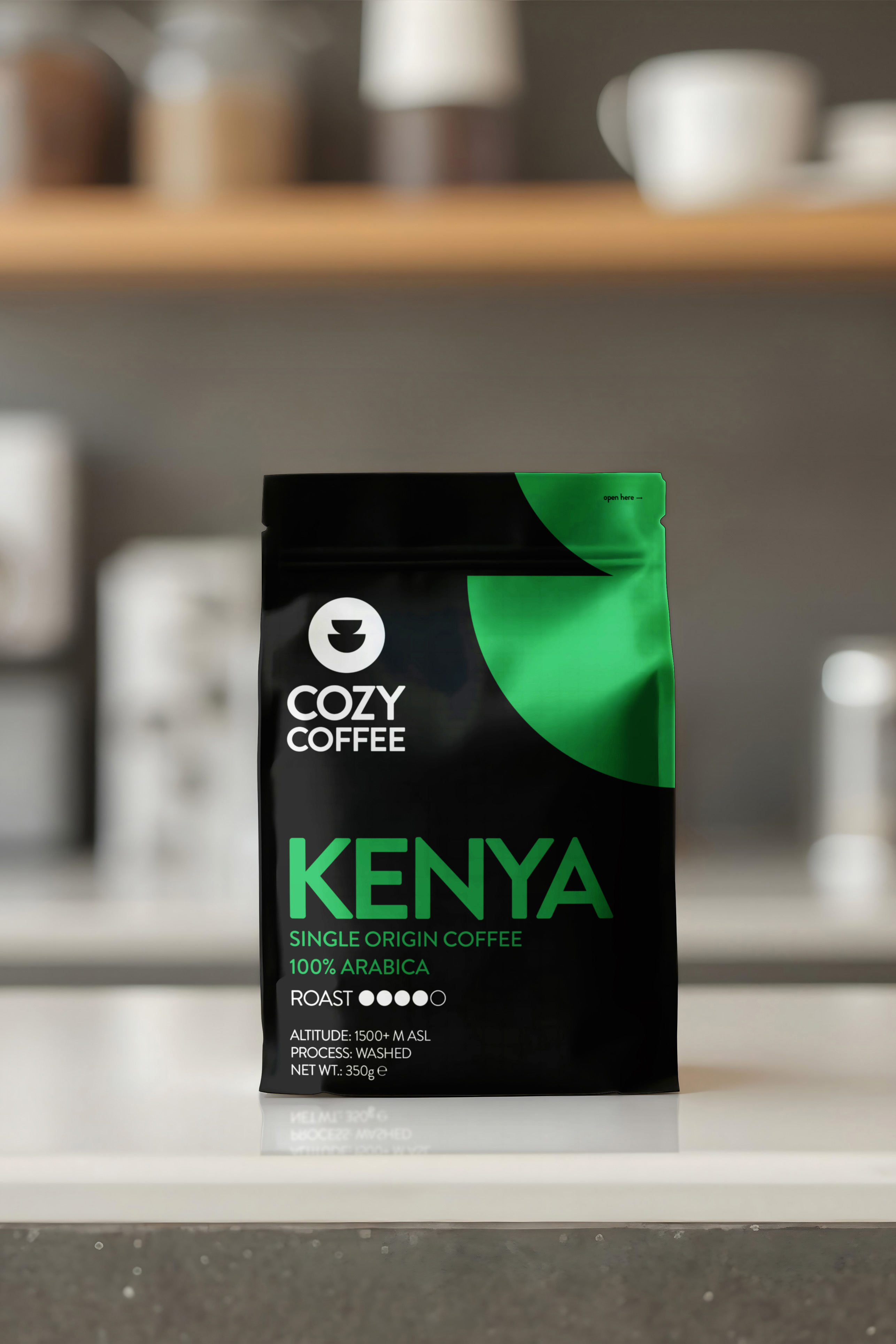 Cozy Coffee Kenya blend variety 350g. bag design.