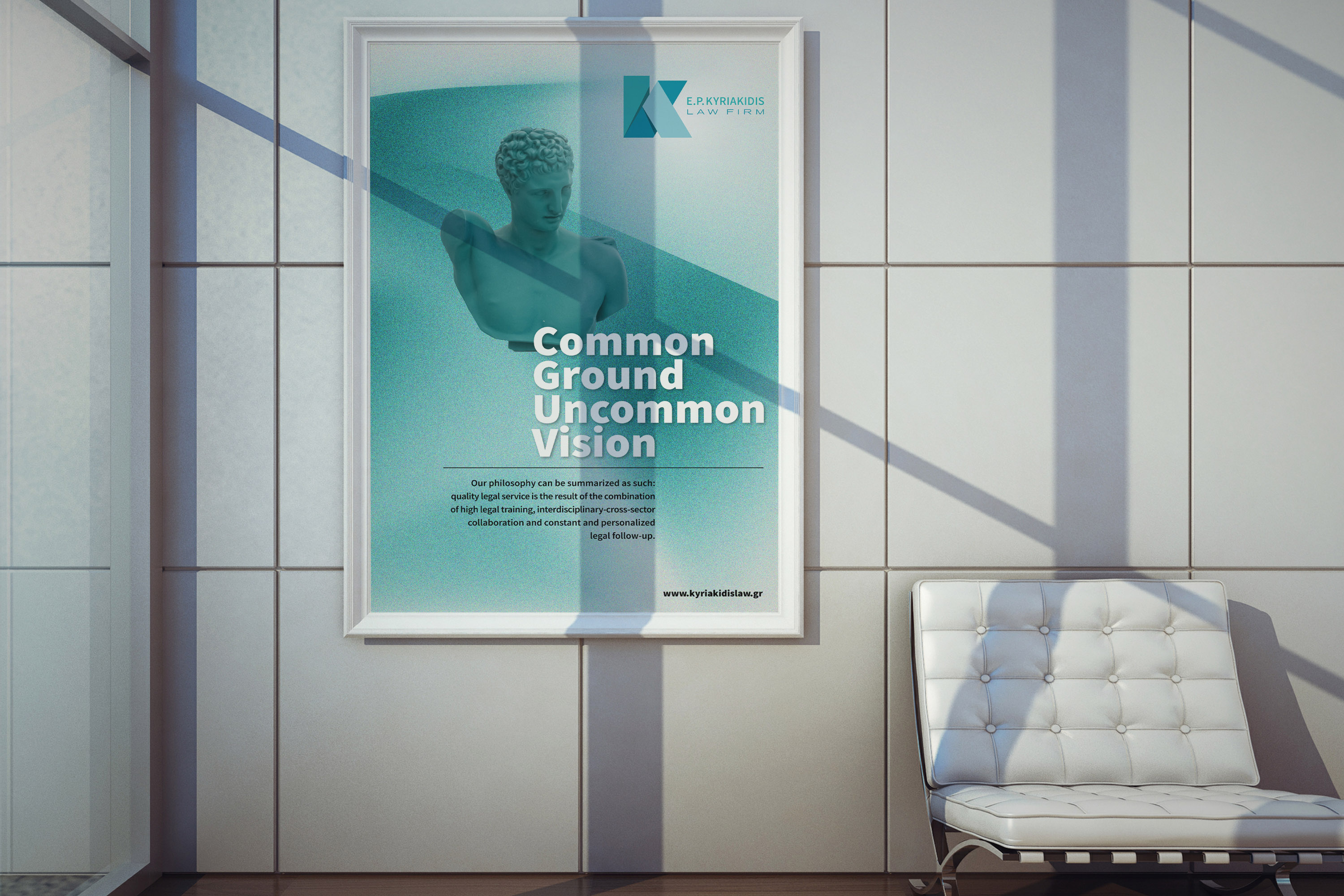 Kyriakidis Law office poster framed on wall at the lobby.