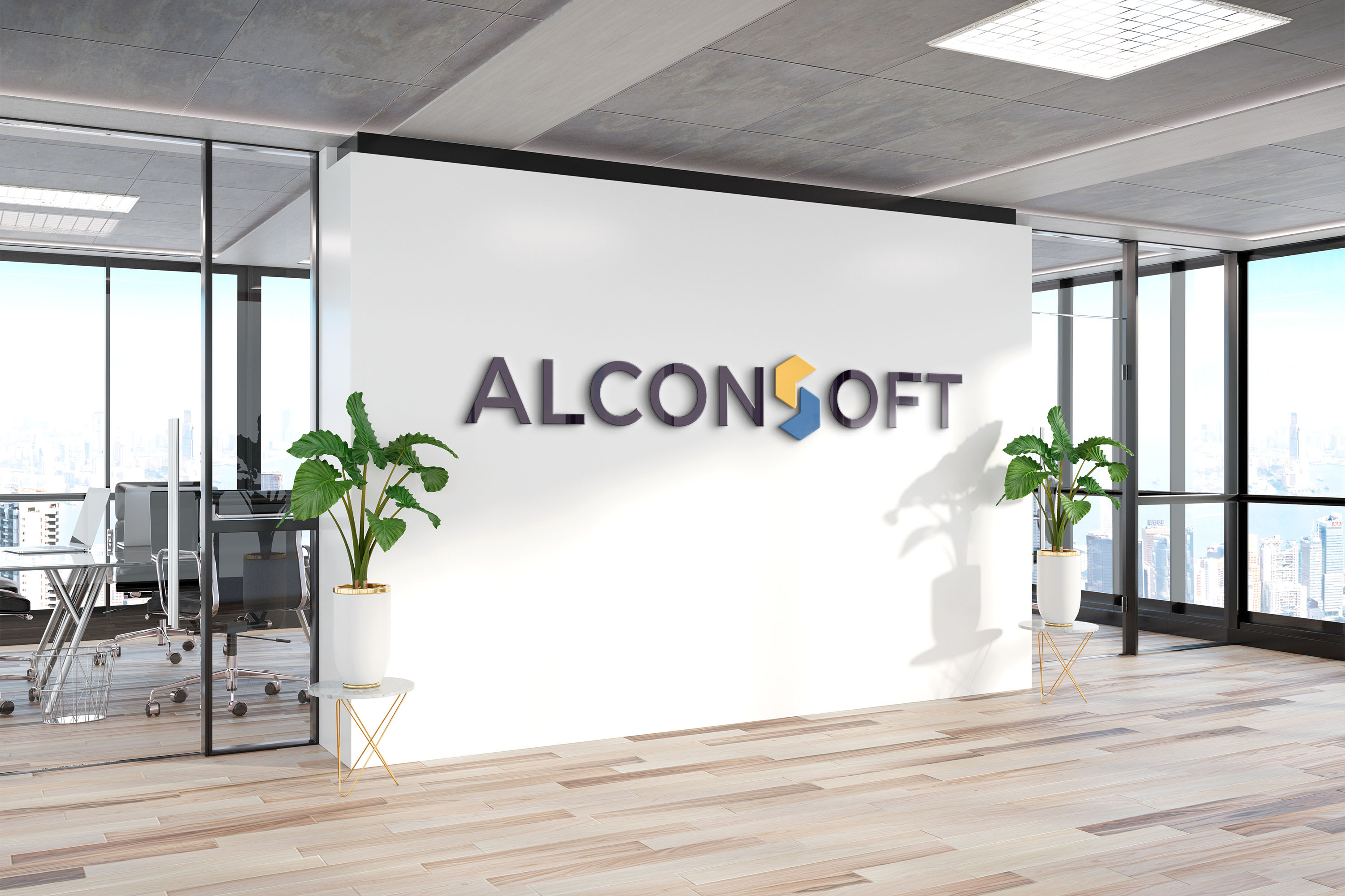 AlconSoft Logo on office wall.