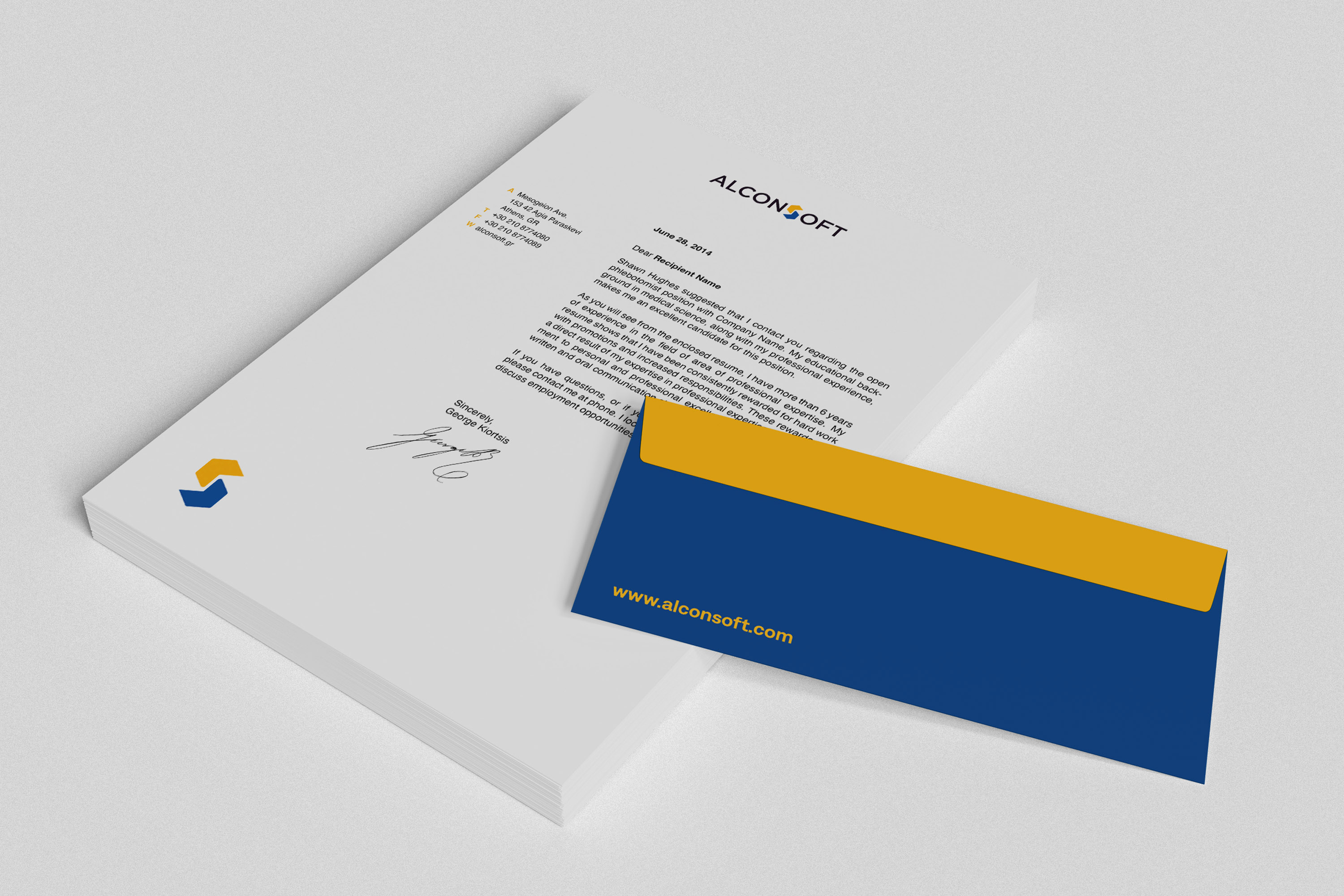 AlconSoft Letterhead and DL custom envelope.