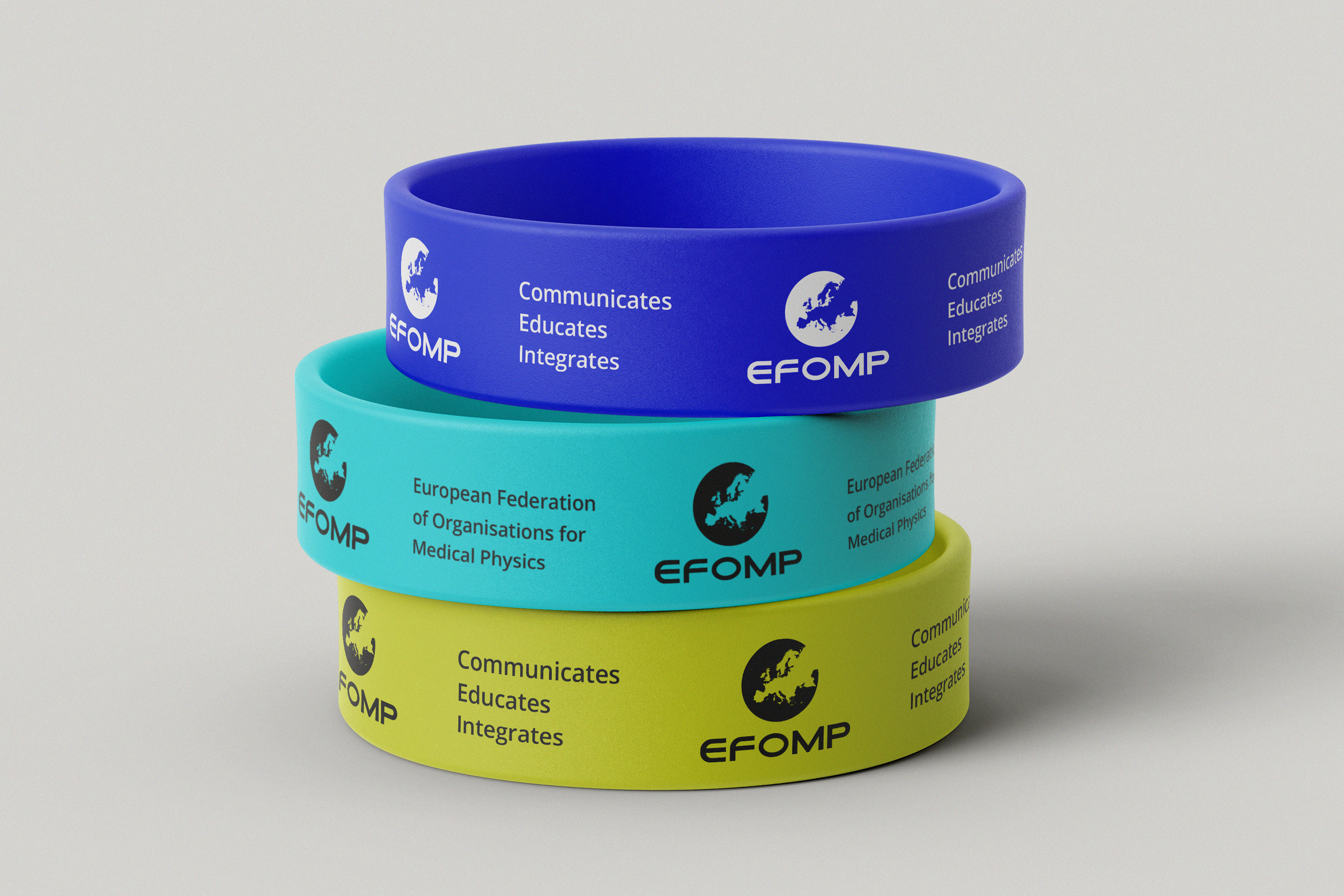 EFOMP branded rubber wristbands in various colours.