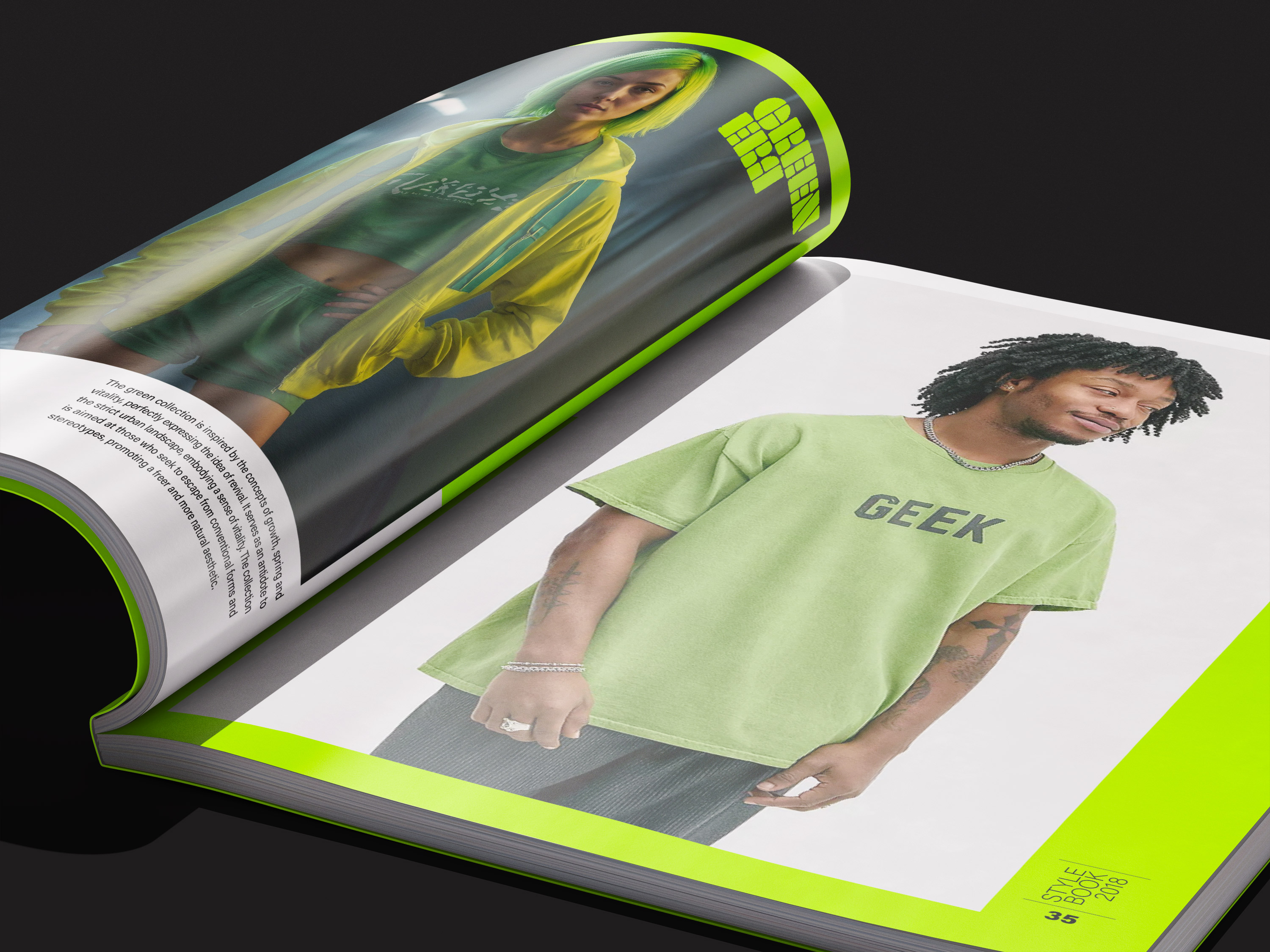 The cover spread of the 2018 Mass & Wilde Style book displays the green era collection.