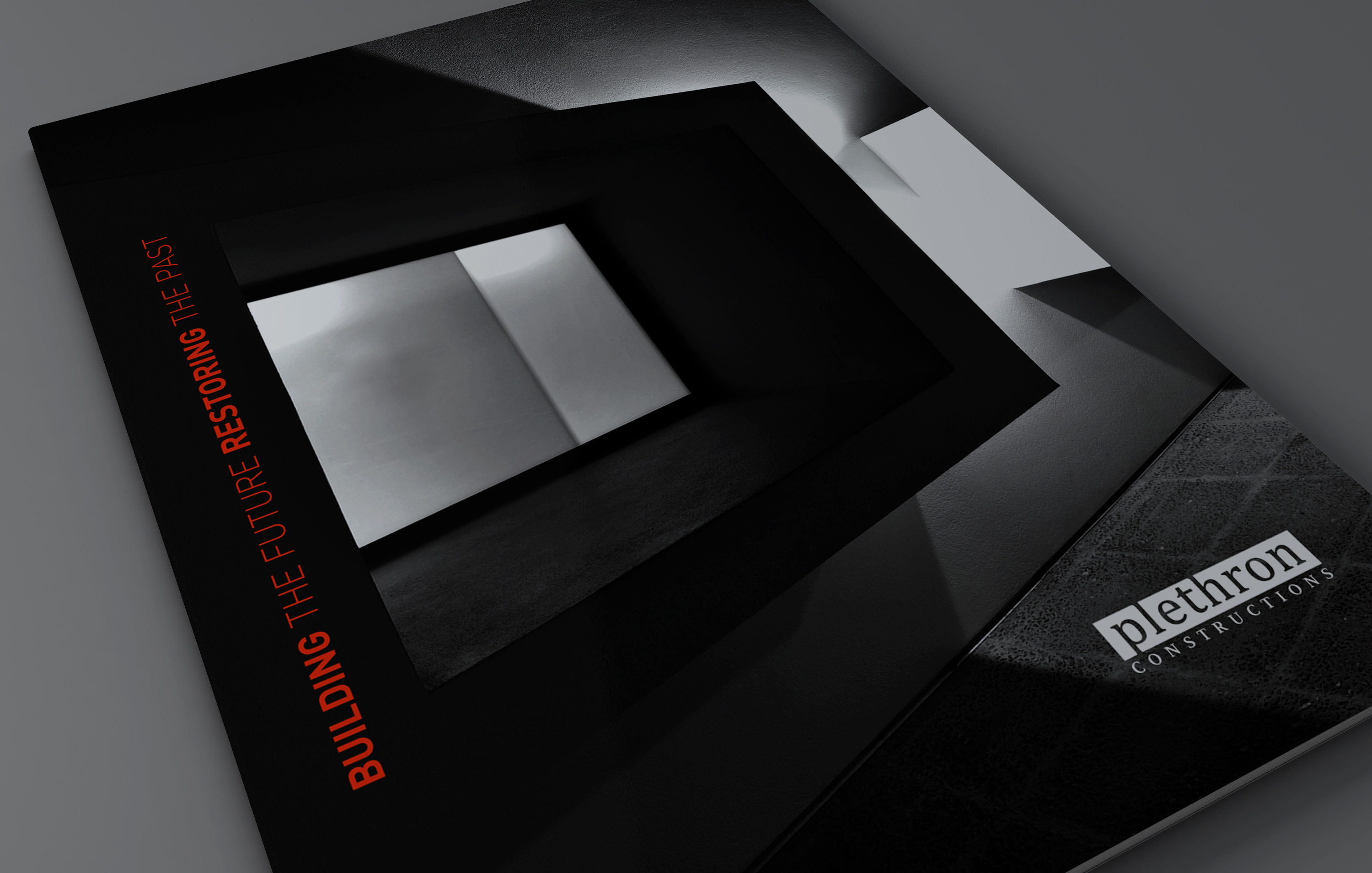 A showcase of Plethron’s company profile, featuring a full-page project on the right page and project details on the left.