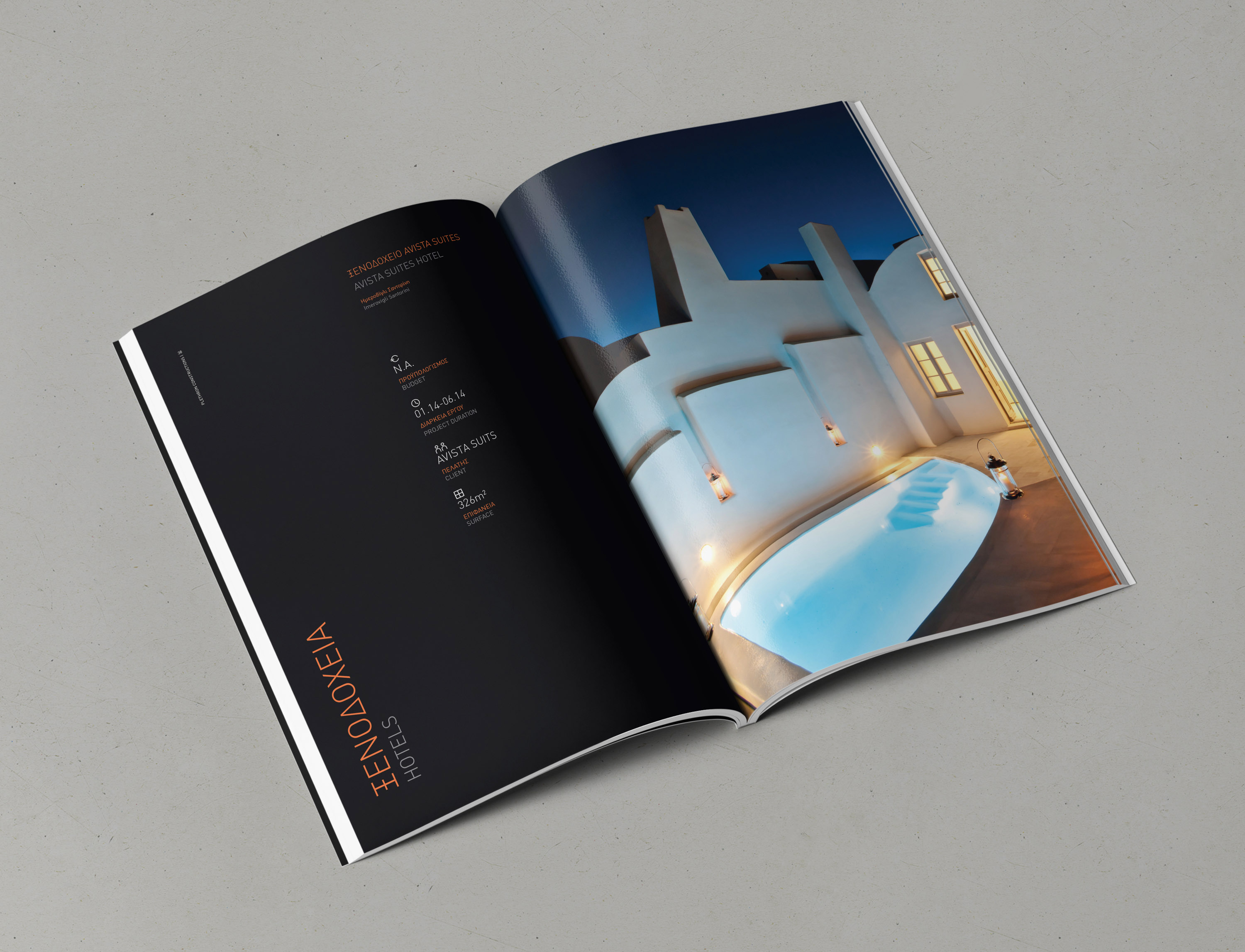 A showcase of Plethron’s company profile, featuring a full-page project on the right page and project details on the left.