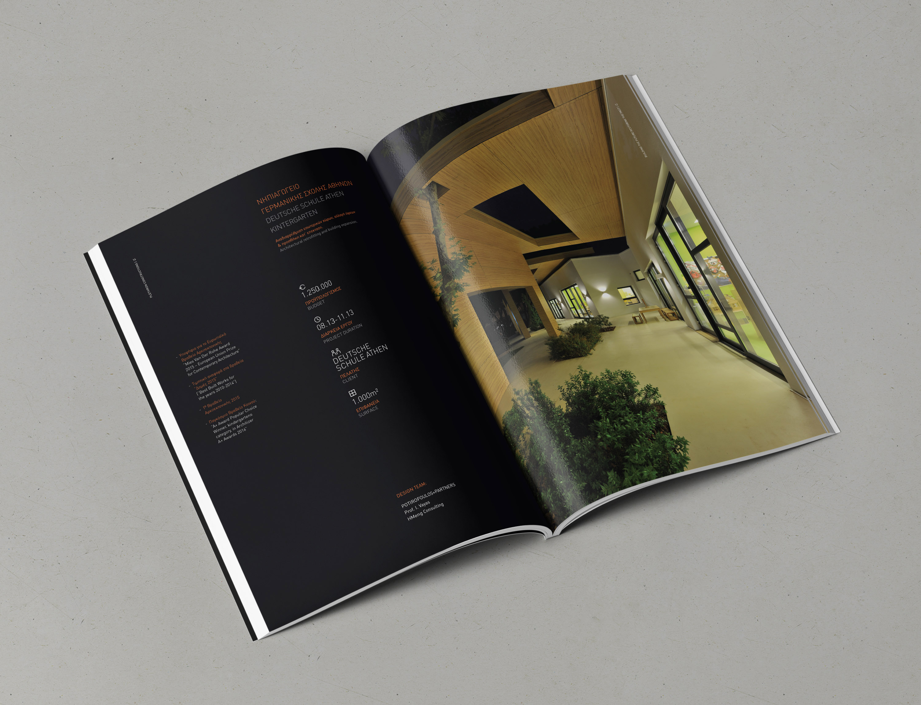 A showcase of Plethron’s company profile, featuring a full-page project on the right page and project details on the left.