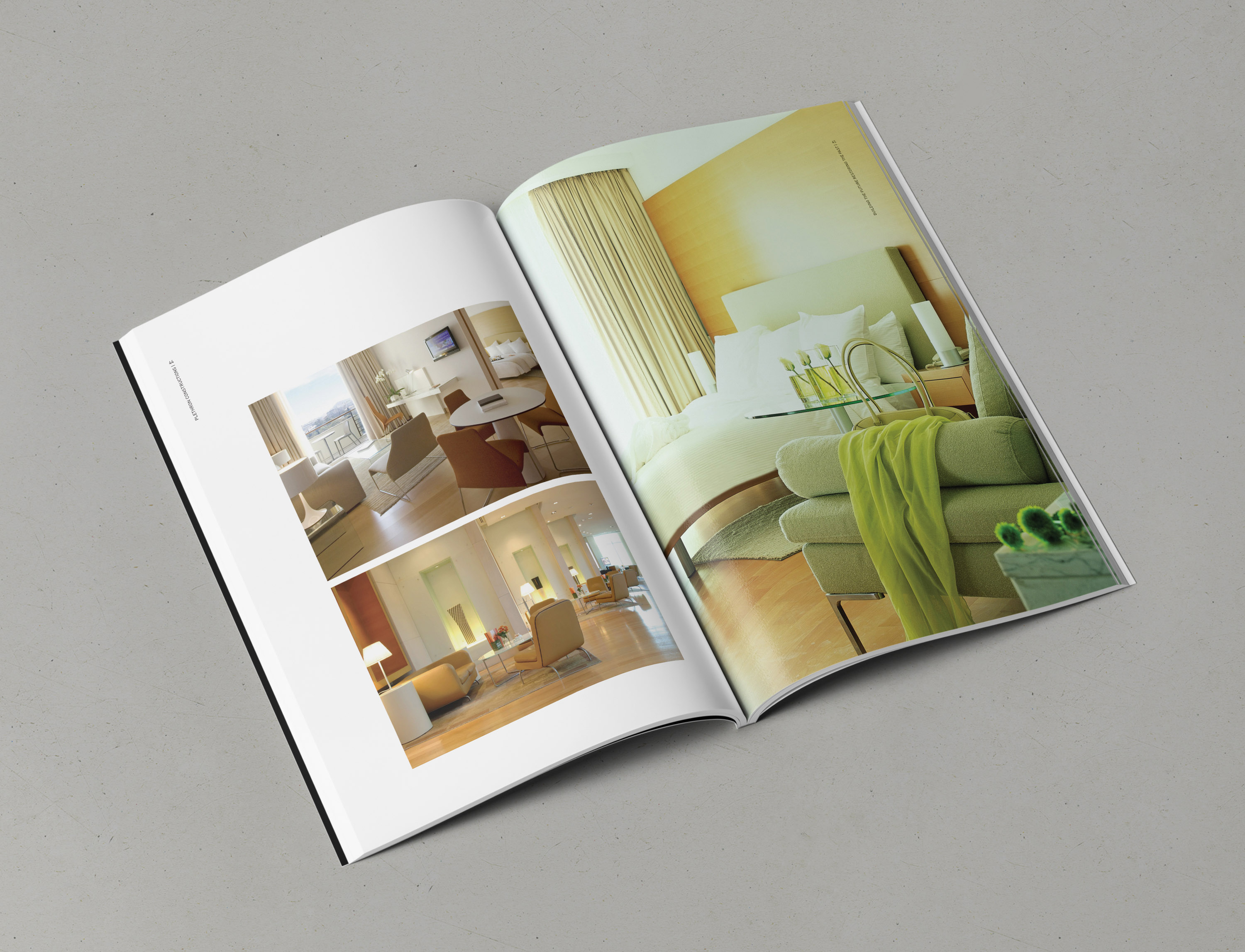 A showcase of Plethron’s company profile, featuring a full-page project on the right page and two pictures of the same project on the left.