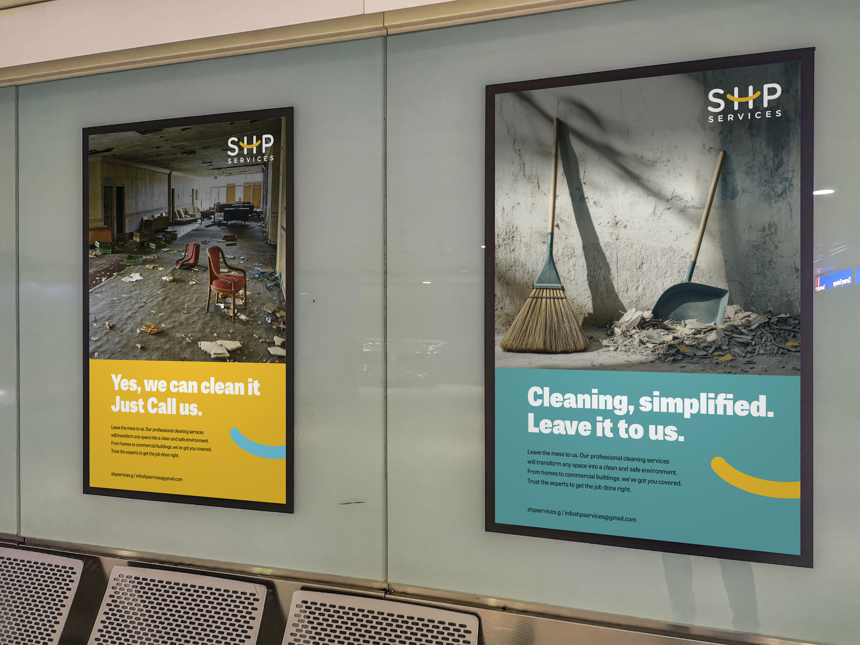 SHP Cleaning Services promotional posters are displayed within the SHP offices.