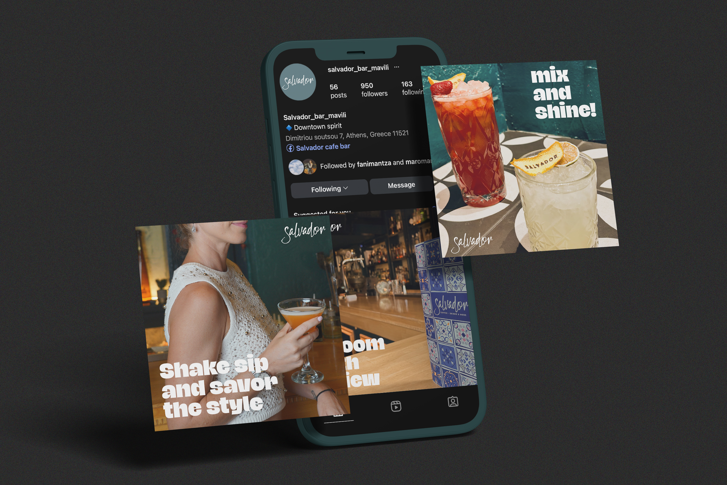 Salvador Bar Athens Social Media templates for Instagram as a mockup on an iPhone 16.