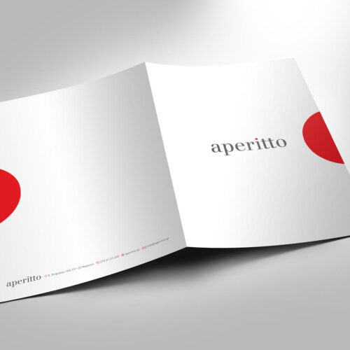 Aperitto folder design. The folder is printed on 400g paper with a matt UV finish and a spot UV on the logo.