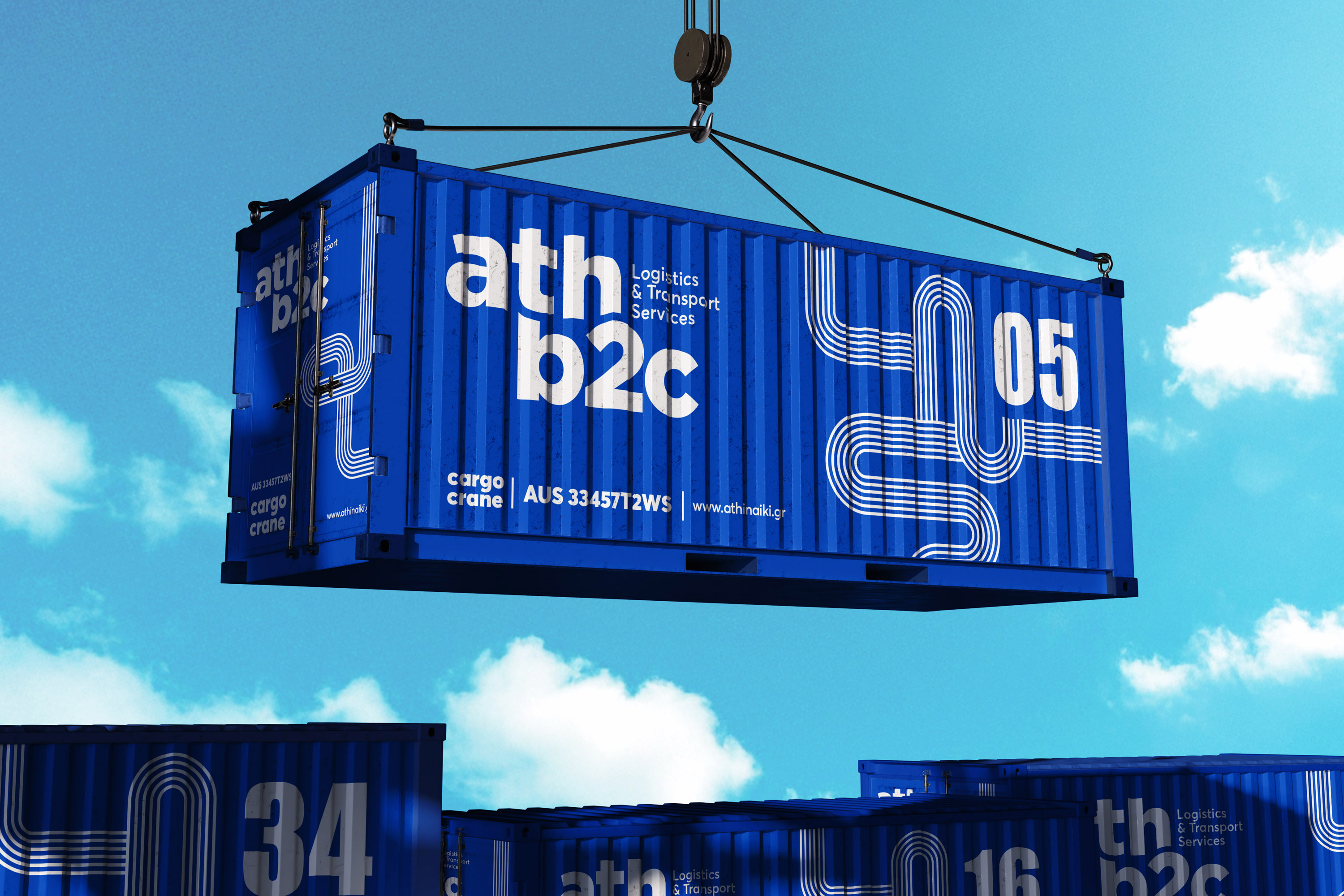 Branded athb2c shipping containers at the harbor.