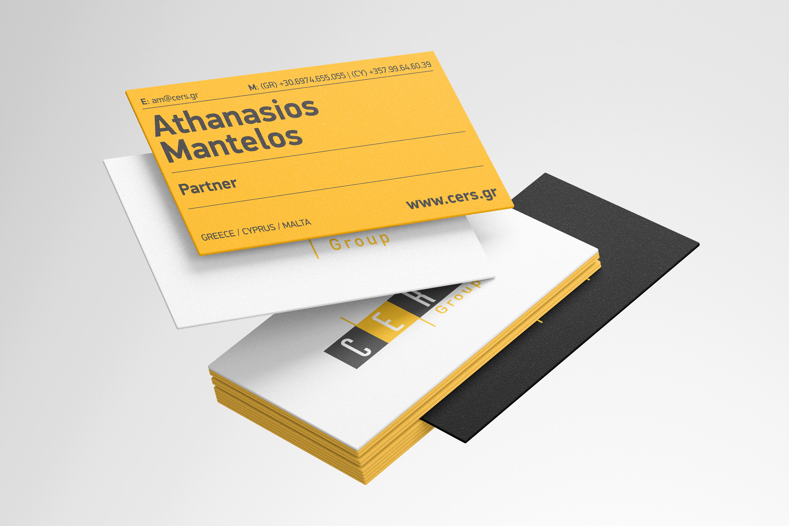 CERS Group Business Cards in thick laminated craft paper 800gr with letterpress logo on front side.