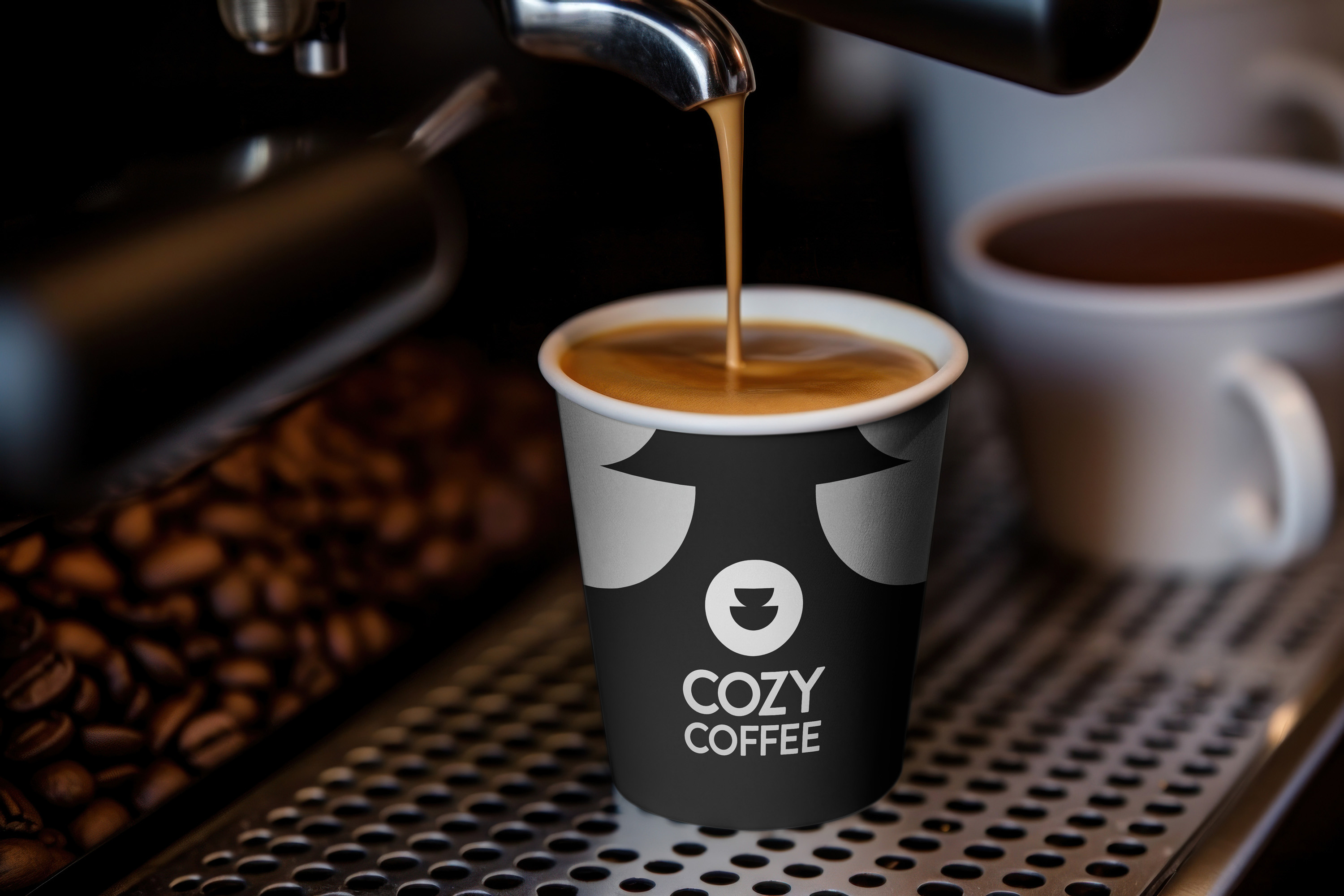 Cozy Coffee paper espresso cup mockup design.