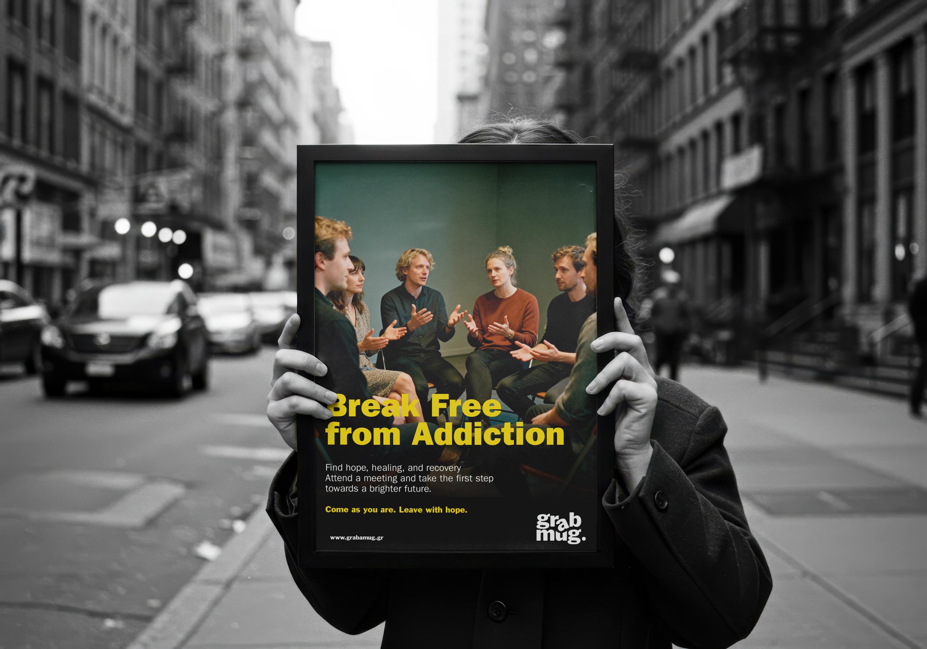 Grab A Mug promotional ad on frame.